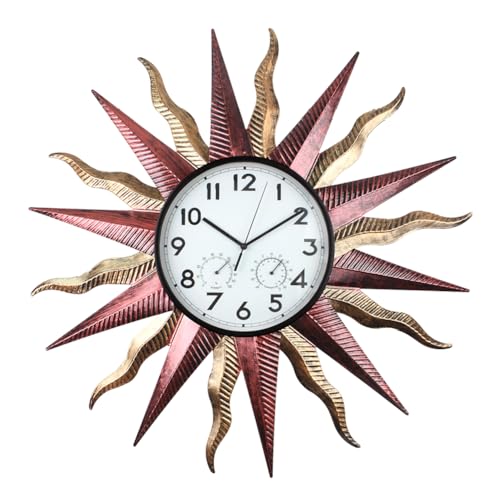 HOBYLUBY Large Outdoor Clock with Thermometer & Humidity - Silent Non-Ticking, Sun Outdoor Wall Clock for Patio, Garden, Kitchen, Living Room(Red)