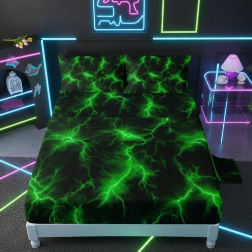 QOOMO Abstract Lightning Kids Sheet Set, Neon Light Twin Bed Set for Boys Girls, Super Soft Green Bedding Set Room Decoration, 1 Fitted Sheet, 1 Flat Sheet, 2 Pillow Cases