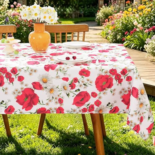 SASTYBALE Spring Summer Tablecloth 60 x 120 Inches Rectangle Red Floral Table Cloth, Washable Water Resistant & Wrinkle Free Polyester Texture Table Cover for Party,Picnics, and Dinner Decor