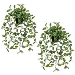 2 Pack Fake Hanging Plants for Shelf in Back Pot, Small Artificial Hanging Ivy Vine Plants Indoor Fake Potted Greenery Plant Decor Room Bathroom Wall End Table Mimi Faux Wandering Plant Set