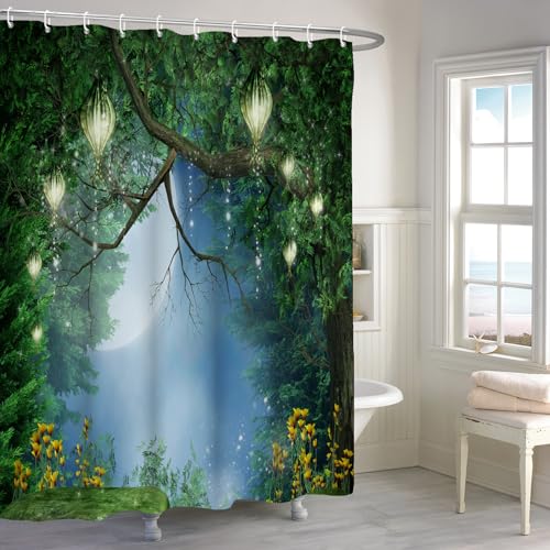 Renaiss 72x72 Inch Enchanted Forest Shower Curtain for Bathroom Nature Magic Wonderland Woodland Tree Floral Garden Shower Curtain Set with Hooks Decorative Waterproof Fabric Bath Curtain