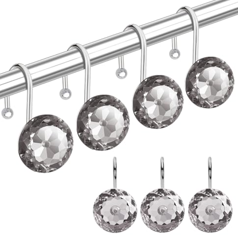 24PCS Shower Curtain Hooks Rings for Bathroom, Stainless Steel Rust Resistant Decorative Rhinestones Shower Curtain Rings Hangers for Shower Curtains, Clothing, Towels, etc. (Grey)