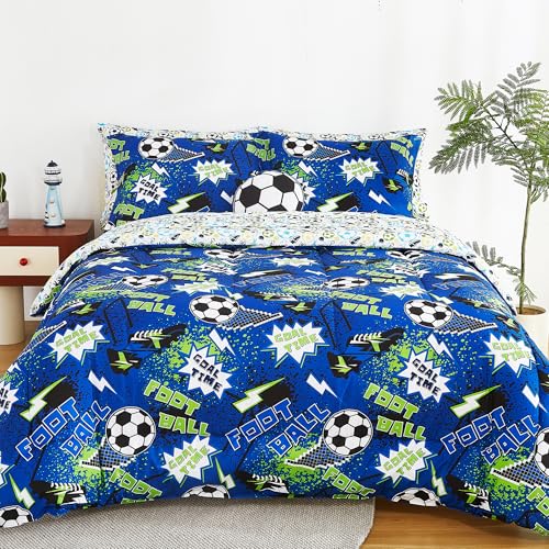 Mooreeke Kids Twin Comforter Sets for Boys 6 Pieces Cool Football Bedding Set for Teens Microfiber Blue Green Soccer Kids Bed in A Bag with Comforter, Sheet Set, Shams and Decorative Toy Pillow