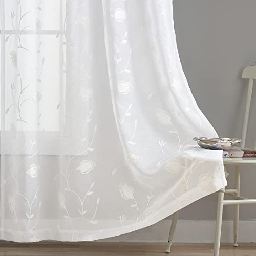 "Sheer Curtains White 54 Inches Long Floral Embroidery Rod Pocket Voile Drapes for Living room, Bedroom, Window Treatments Semi Lace Outdoor Curtain Panels for Patio, Lawn, Garden, Set of 2, 52""x 54""."