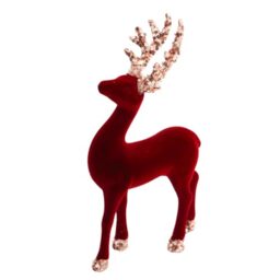 Christmas Velvet Reindeer Figurine 23cm - Wine Red Flocking Deer Ornament with Sequin Glitter Antlers - Festive Table Decoration for Mantel, Shelf, Centerpiece and Home Décor