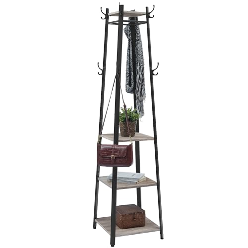 VASAGLE Coat Rack, Coat Stand with 3 Shelves, Hall Trees Free Standing with Hooks for Scarves, Bags and Umbrellas, Steel Frame, Industrial Style, Greige and Black ULCR080B02