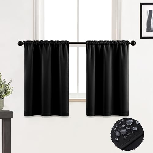36 Inch Length Curtains for Bathroom Window,Small Waterproof Set 2 Panels Black Short Curtain for Shower Window/Bath Decor,Room Darkening Light Blocking Blackout Bedroom Window Treatments for Kitchen