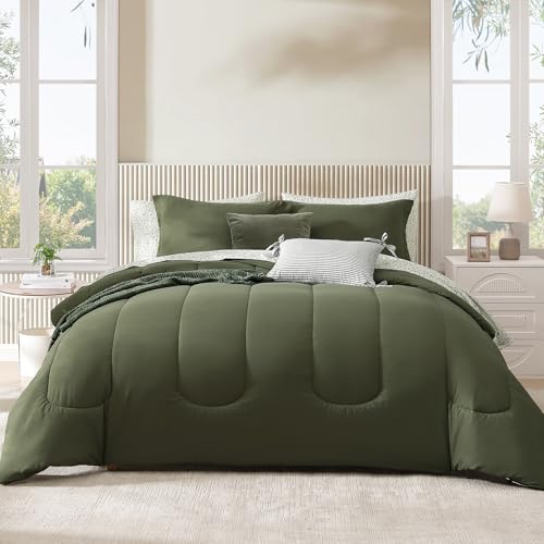 King Size Comforter Set-7 Pieces Green Soft Bed in a Bag King Bedding Sets - Monbix All-Season Channel Quilted Comforter with Sheets, Pillow Shams & Pillowcases