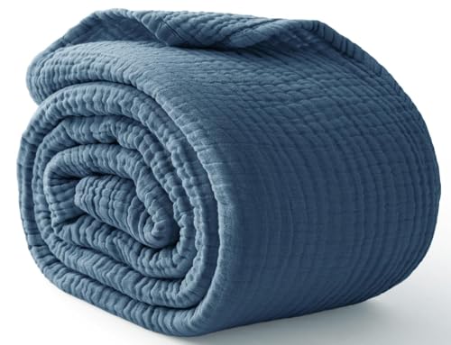"Kozyhvn 100% Cotton Light Blue Throw Blanket 50"" x 70"", 6 Layers Large Breathable and Lightweight Cotton Blanket for Couch, Soft Quilt Bedspread, Gauze Blanket for Adults All Season, Blue"