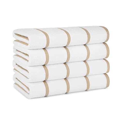 Arkwright Las Rayas Beach Towels - (Pack of 4) 100% Ring Spun Cotton Soft Quick Dry White Bath Towel, 480 GSM Towels for Hotel, Resort, Spa, Hot Tube, 30 x 60 in, Beige Stripes