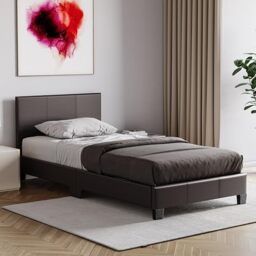 Vida Designs Lisbon Single Bed Frame - Brown - 77 H x 95 W x 198 D cm - Faux Leather - Padded Headboard - Low Foot End - Space Saving - UKFR - Modern Bedroom Furniture
