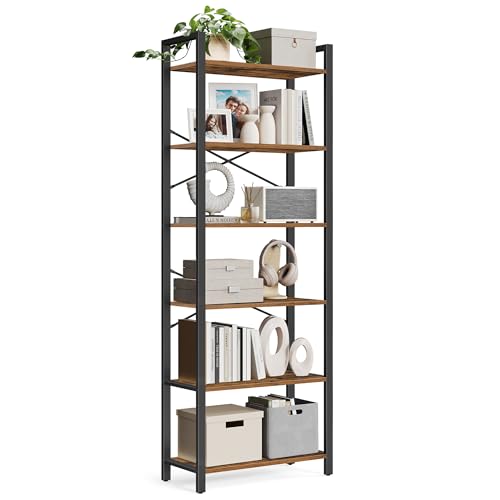 VASAGLE 6-Tier Bookshelf, Bookcase, Shelving Unit, for Office, Study, Living Room, Bedroom, 30 x 66 x 186 cm, Industrial, Rustic Brown and Ink Black LLS062B01