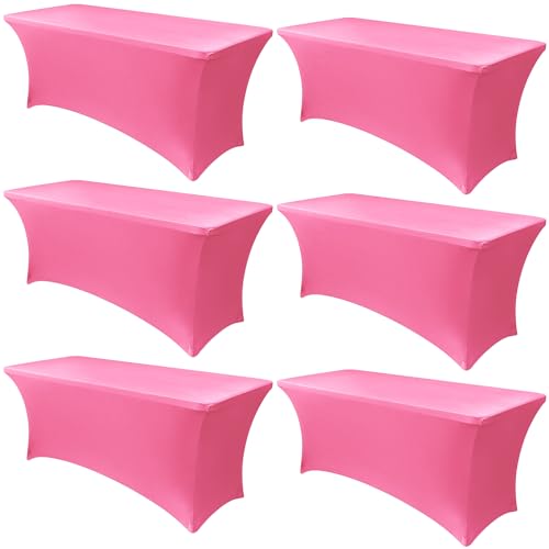 Obstal 6 Pack Stretch Spandex Table Covers for 8 Foot Tables - 8 FT Universal Rectangular Fitted Tablecloth Protector for Wedding, Banquet, Party (Dark Pink, 96 Length x 30 Width x 30 Height Inches)