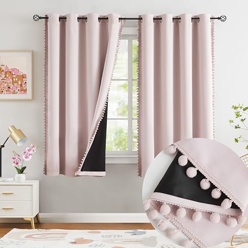 "Jubilantex Pom Pom Blackout Curtains Blush Pink Thermal Insulated Curtains Blackout Window Treatments 63"" Long for Girls Kids Bedroom,52"" Wide,2 Panels"