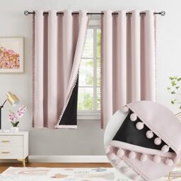 "Jubilantex Pom Pom Blackout Curtains Blush Pink Thermal Insulated Curtains Blackout Window Treatments 63"" Long for Girls Kids Bedroom,52"" Wide,2 Panels"