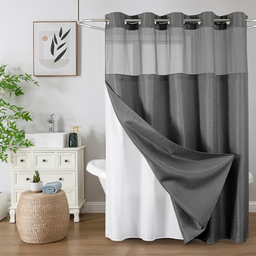 Colorful Star No Hook Shower Curtain with Snap in Fabric Liner, Waffle Heavy Duty Thick Shower Curtains with Mesh Top Window, Hotel Style Waterproof Bathroom Curtain Set, 72'' x 81'', Charcoal Grey