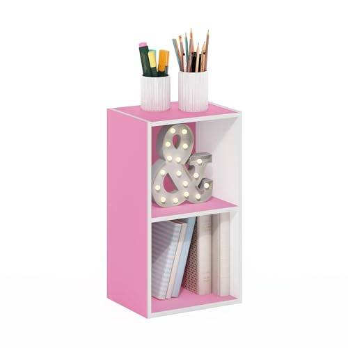 Furinno PASIR Book Shelf, 2-Tier Modern Bookshelf, Open Shelves Bookcase 9 x 12 x 21, for Living Room, Bedroom, Home Office, Pink/White