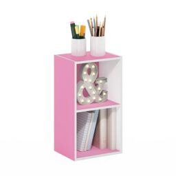 Furinno PASIR Book Shelf, 2-Tier Modern Bookshelf, Open Shelves Bookcase 9 x 12 x 21, for Living Room, Bedroom, Home Office, Pink/White