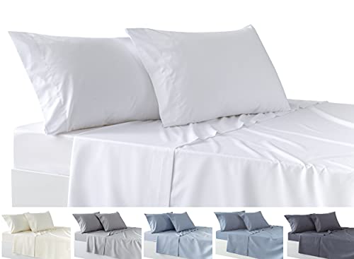 Todocama 4-Piece Bedding Set – Fitted Sheet – Top Sheet – Two Pillowcases 50 x 80 cm (Bed 150-150 x 190/200 cm, White)