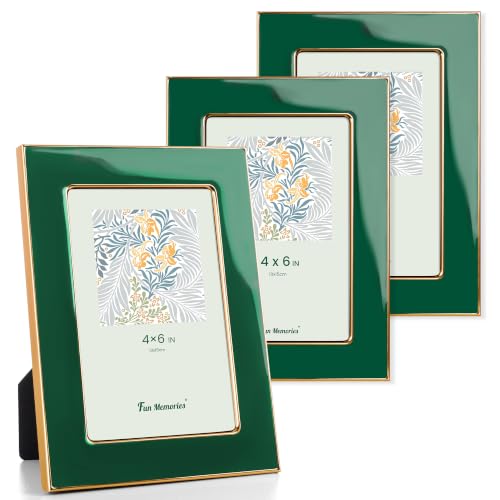 Fun Memories 4x6 Picture Frame - 3pcs Green Enamel Glass Photo Frame with Gold Metal Edge & Easel for Display Picture Frame on Countertops, Tabletops, Bookshelves, Desks, Walls (Green/Gold)