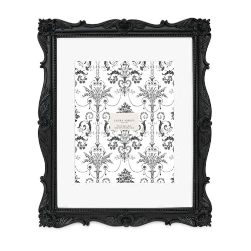 Laura Ashley 11x14 Black Ornate Textured Hand-Crafted Resin Picture Frame, Wall Mount, Decorative Floral Design Home D cor, Photo Gallery, Art, More (Black, 11x14 (Matted 8x10))