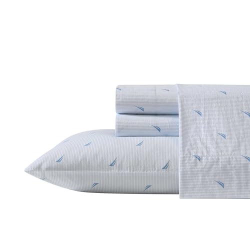 Nautica - Twin Sheets, Cotton Percale Bedding Set, Casual Home Decor (Boat Stripe Pale Blue, Twin)