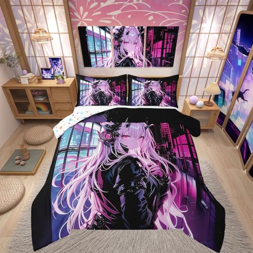 Erosebridal Japanese Anime Bedding Set Full Size, Manga Anime Girl Comforter Set Kawaii Japanese Style Duvet Insert Cartoon Japan Animation Quilt for Boys Teens Adult Women Bedroom Decor
