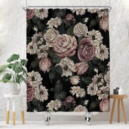 Black Floral Shower Curtain for Bathroom Set Dark Rose Blossom Flower Boho Victorian Spring Wildflower Woman Vintage Plant Bath Curtain 60 x 72 Inch Decorative Polyester Fabric Cloth Waterproof Decor