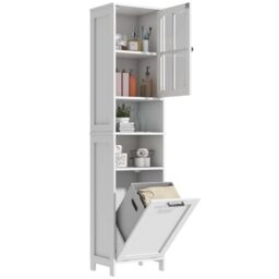 "GoaHi 67.5"" Tall Bathroom Storage Cabinet 40×30×171.5 cm– Slim Freestanding Cupboard with Laundry Basket, Clear Acrylic Door & 2 Open Shelves for Small Bathroom, Laundry Room, Hallway White"