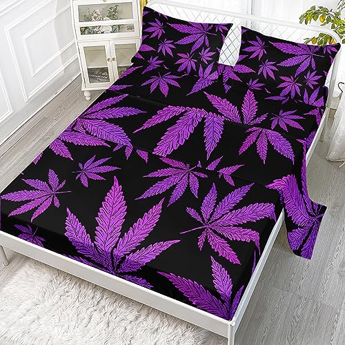 Axolot Cannabis Leaves Fitted Sheet Twin,Purple Black Comforter Set,Marijuana Weed Leaf Sheet Set,Botanical Weed Bedding Weed Leaf Sheet for Adults Women Men,1 Flat Sheet 1 Fitted Sheet 2 Pillowcases
