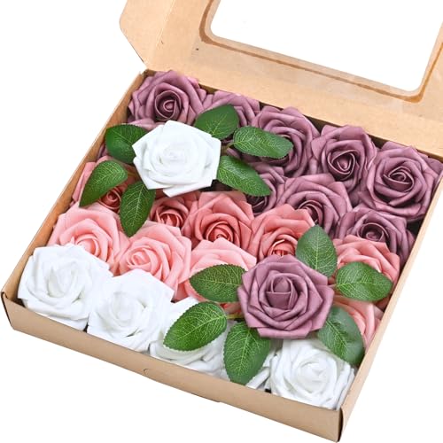 Siyaluens 25 Pcs Foam Fake Roses with Stems, Artificial Flowers for Wedding - Gradient Pink Real Touch Boxed Foam Roses for Bridal Shower Centerpieces, Party Arrangements, Cake Decorations, DIY Bouquets