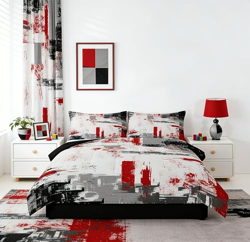 Feelyou Abstract Comforter Modern Abstract Art Comforter Set for Boys Girls Children Red Grey Black Pattern Bedding Set Room Decor Queen Size Duvet Set 3Pcs