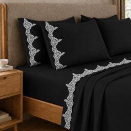 PETTI Artigiani Italiani - Set of Double Bed Sheets Percale Cotton with Black Chantilly Lace, 4-Piece Bed Set, 100% Made in Italy