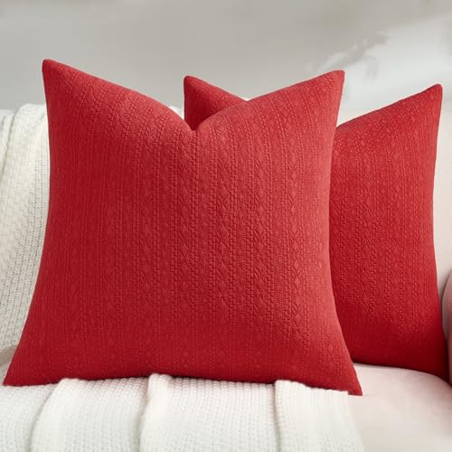 FUTEI Red Chenille Throw Pillow Covers 22x22 Inch Set of 2,Luxuriously Soft Argyle Textured Cushion Cases,Modern Home Decor for Couch Living Room
