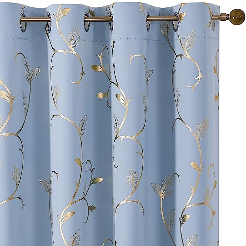 BUHUA Blackout Curtains Gold Foil Print Flower Vine Grommet Drapes, Room Darkening Thermal Insulated Curtains, Noise Reducing Curtain for Bedroom, Blue, 66Wx72L, 2 Panels