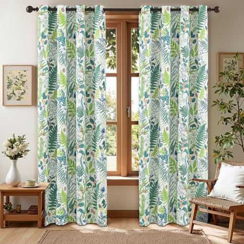 keensoft Botanical 100% Blackout Curtains for Bedroom 63 Inch Length 2 Panels Set White Green Plant Floral Black Out Curtains Insulated Grommet Room Darkening Window Drapes for Living Room???52Wx63L