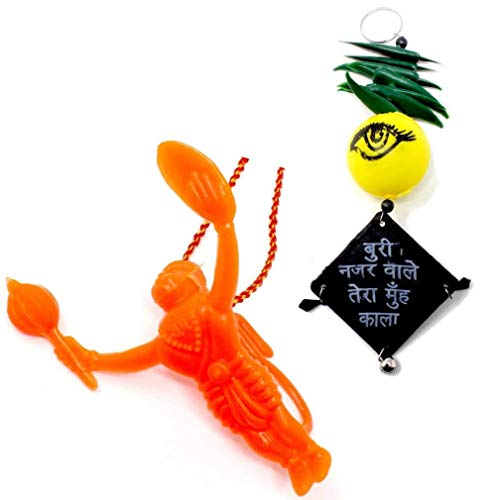 Yogic Mantra Flying Hanuman Car Hanging + Nazar Battu Nimbu Mirchi (1 Each) Buri Nazar Wale Tera MUH Kala Door Wall Hanging Showpiece Evil Eye Protection Talisman Drishti Kavach for Home & Office
