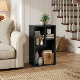 VECELO 2-Tier Bookcase, 3 Cube Wooden Bookshelf with Height Difference Shelves, Floor Standing Storage Display Unit for Living Room, Bedroom, Home Office, 30 x 24 x 54.5 cm, Black