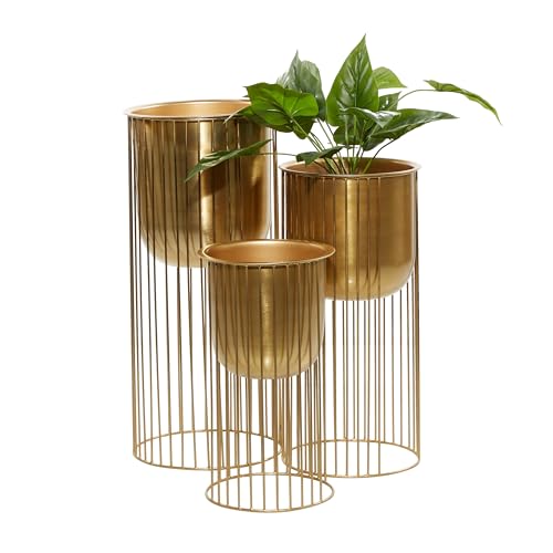 Deco 79 Metal Deep Recessed Dome Planter with Elevated Caged Stand, Set of 3 24 Inch, 20 Inch, 16 InchH, Gold