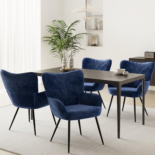 Upholstered Velvet Dining Chair with Armrests, Modern Nordic Dining Room Chair, Soft Padded Seat with Ergonomic Back, Black Metal Legs,Blue