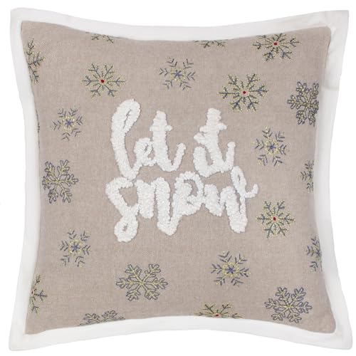 Paoletti Winter Let It Snow Feather Filled Cushion – Luxury Snowflake Embroidered Cotton Velvet Oxford Edge Festive Decorative Pillow (Greige – 45x45cm)