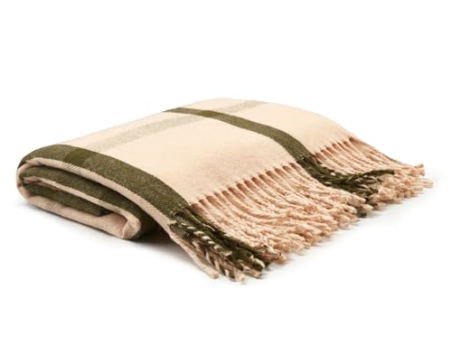 Arus Acrylic Highlands Collection Queen Size Tartan Plaid Design Throw Blanket Cream Green, 60x80 inch