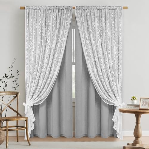 ASPMIZ Linen Curtains for Bedroom, Double Layered Boho Curtain 84 Inch Length 2 Panels Set, Rod Pocket Curtains & Drapes with Tiebacks, Light Filtering Drapes for Living Room, 52 x 84 Inch, Grey