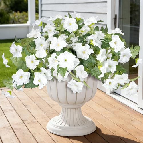 ICX 2PCS Faux Petunias Silk Flower UV Resistant, Artificial Outdoor Flowers, Realistic Artificial Flowers for Outdoors, Pot, Front Door, Porch, Yard, Patio, Window Box, Hanging Basket (White