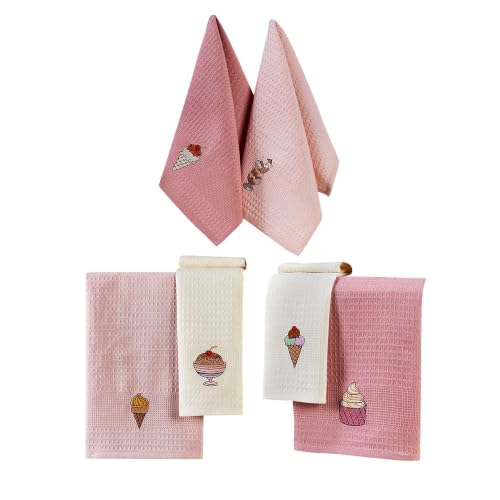 Foutastic Kitchen Towel Set (6 Pieces) Pink 40 x 60 cm - 100% Cotton Embroidered Machine Washable at 30 C - Stylish & Functional