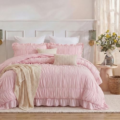 Herside Pink Ruffle Duvet Cover Set King Size,Ruched Boho Bedding 3 Pieces Shabby Chic Luxury Wrinkle Ruffle Comforter Cover Set,Breathable and Soft Microfiber Quilt Cover Set for All Seasons