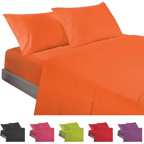 ECOMMERC3 - 4-Piece Bed Sheet Set 180 Made in Spain - Sheet Set with Fitted Sheet, Top Sheet and 2 Pillowcases 45 x 100 Orange