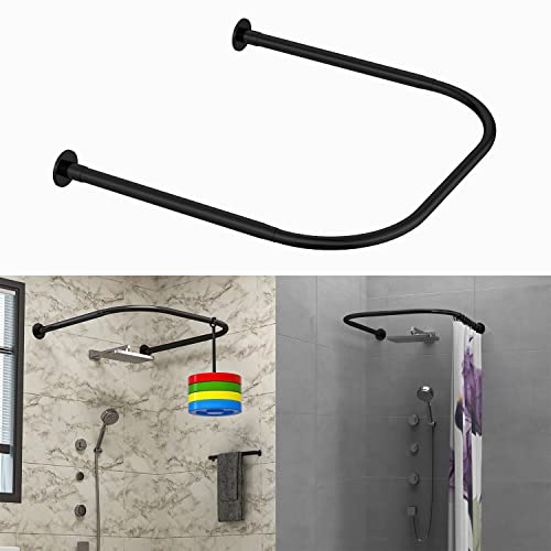 Tanxih U Shower Curtain Rod Adjustable Stainless Steel U Shaped Rack Drill Free Install for Bathroom, Bathtub, Clothing Store (Black U Shaped, Length on both sides:43-65cm,Middle width:88-110cm)