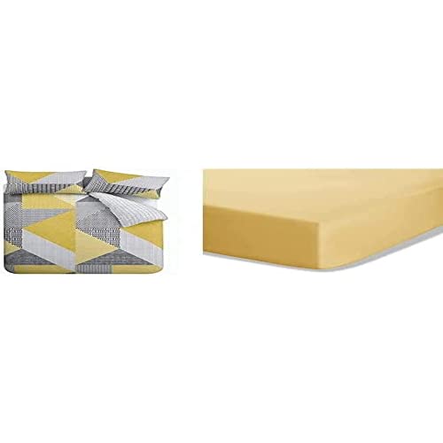Catherine Lansfield Larsson Geo Easy Care Double Duvet Set Ochre + Easy Iron Percale Double Fitted Sheet Ochre