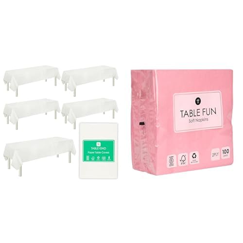 White Paper Table Cover 5pk & Pink Napkins 100pk Disposable Party Bundle